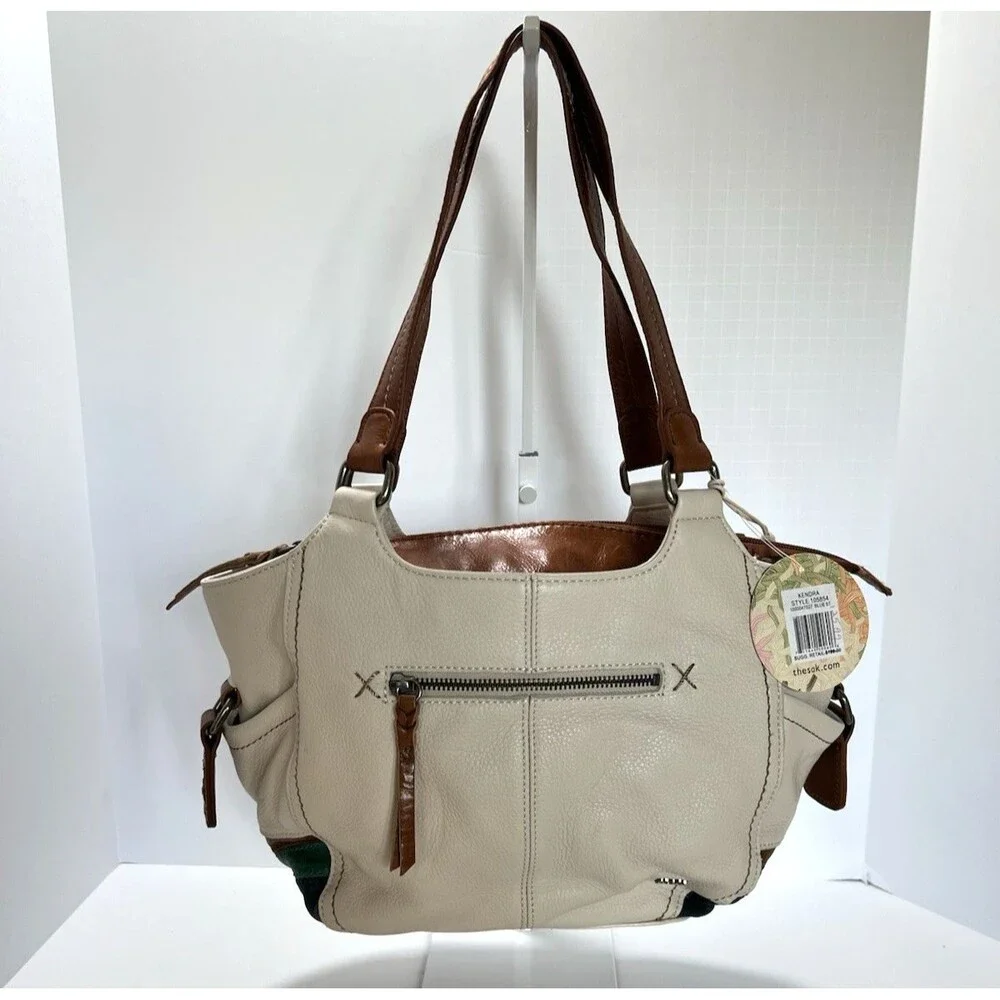 The Sak Kendra Leather Satchel Bag Cream Tan Blue Green Colorblock NWT 1990's